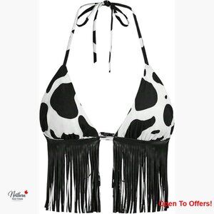 Western Fringe Halter Tank Top Cow Print Nylon Spandex